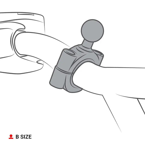 Illustration of Torque Handlebar Mount Base With One Inch Ball For Three Quarters To One Inch Bars showing clamp on rail.