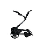 Zip Navigator All Terrain Electric Golf Cart With No Sweat Zip Fold Frame Remote Throttle Drive and Sweet Stash Compartments For Drinks Umbrellas And Devices In Gloss Black viewed from the side with folding handle.