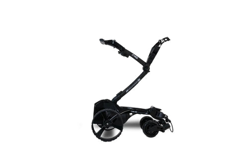 Zip Navigator All Terrain Electric Golf Cart With No Sweat Zip Fold Frame Remote Throttle Drive and Sweet Stash Compartments For Drinks Umbrellas And Devices In Gloss Black viewed from the side with folding handle.