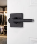 Six Pack Matte Black Indoor Passage Door Levers For Hall And Closet Dope Contemporary Non Locking Reversible Handles Set Durable Easy Install Modern Home Hardware on white door with closet background