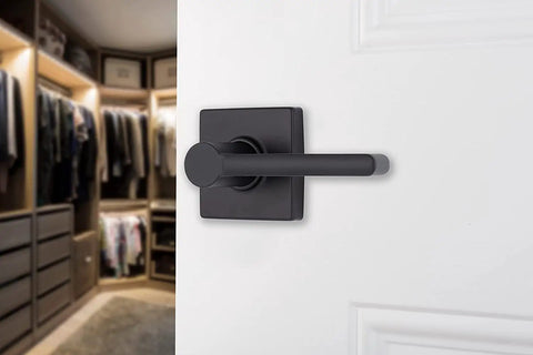 Six Pack Matte Black Indoor Passage Door Levers For Hall And Closet Dope Contemporary Non Locking Reversible Handles Set Durable Easy Install Modern Home Hardware on white door with closet background