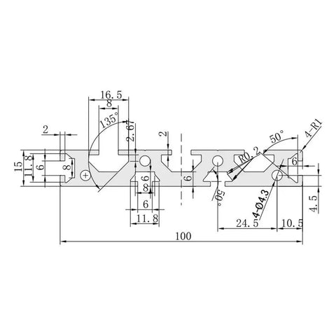 Built Tough One Piece 15100 Aluminum Profile Extrusion Anodized Linear Rail Guide 15X100Mm technical drawing with dimensions.