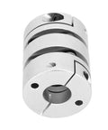 Aluminum alloy shaft coupling adapter with split-clamp design and mounting holes, front view.