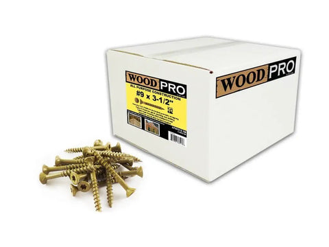 All Purpose Wood Construction Screws 9x3-1/2 Inch Torx T25 Star Drive Sharp Type 17 Point Gold Finish 1000 Count Box For Decking Flooring Exterior Interior Projects Built To Last with box and screws