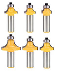 Top Shelf 6 Piece Half Inch Shank Router Bit Set For Flawless Corner Rounding And Edge Forming Hella Sharp Carbide Blades With Heat Resistant Teflon Coating For Killer Woodworking Results, six router bits with c3 carbide and yellow accents.