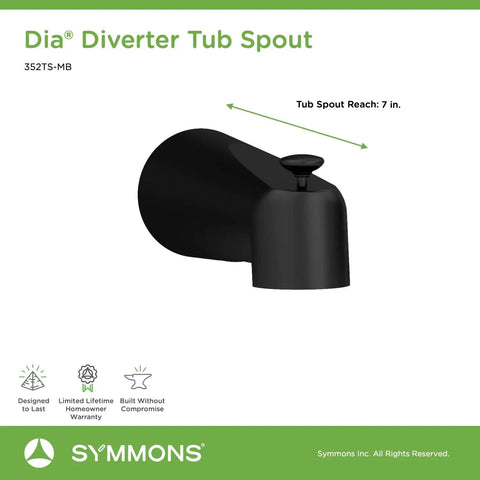 Dia Diverter Tub Spout Matte Black Brass Construction With Classic Pull Up Handle, Rust and Corrosion Resistant, 7 inch reach