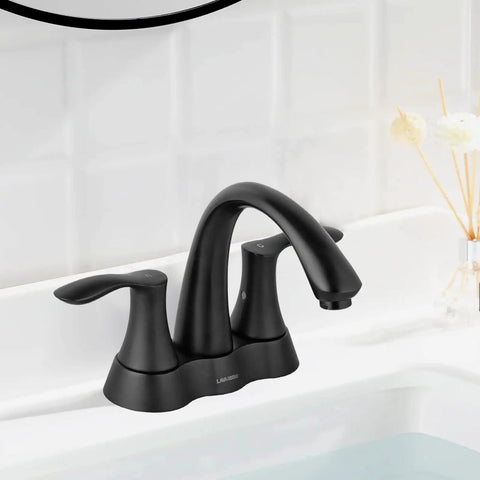 Matte Black 4 Inch Centerset Bathroom Faucet With Two Handles Pop Up Drain And Supply Lines Solid Brass Construction No Fuss Install