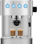 Top Shelf Bean To Cup Coffee Machine And Manual Italian Espresso Brewer with stainless steel and espresso shots brewing.