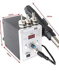 Hot Air Soldering Gun 858D 700W with Adjustable Airflow and Temperature, LCD Display, includes four size 2 holders, dimensions labeled