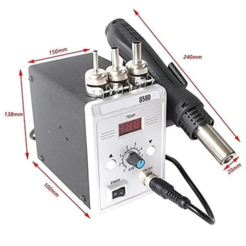 Hot Air Soldering Gun 858D 700W with Adjustable Airflow and Temperature, LCD Display, includes four size 2 holders, dimensions labeled