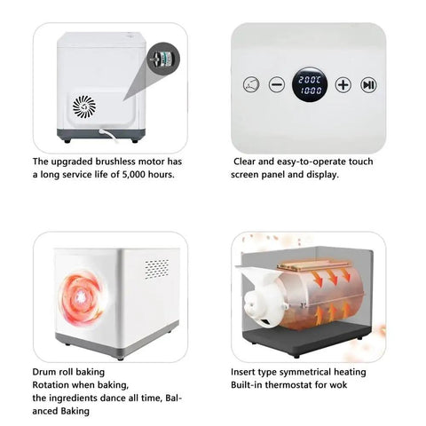 Top Shelf Automatic Electric Coffee Bean Roaster Machine With Hella Fast Rolling Stir Fry For Home Nuts And Peanuts Featuring Solid 90 Min Timer and precise display panel.
