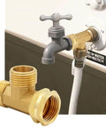 Brass 3/4 Inch GHT Tee Hose Fitting With Male X Male X Swivel Female, Go-To Garden Hose Tee Connector, 2 Pack, Durable Watering Fitting For Outdoor Faucets, Sprinklers, Nozzles, Timers attached to outdoor faucet