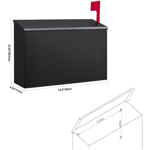 Outdoor Wall Mount Mailbox With Flag Kit And 0 To 9 Number Stickers, Galvanized Steel Rustproof Post Box For Exterior Use, dimensions shown