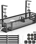 Under Desk Cable Tray With No Drill Installation, 15.75 Inch Heavy Duty Metal Cord Organizer for standing or gaming desks, shown with accessories.