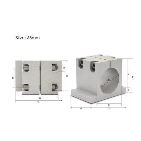 Built Tough CNC Spindle Clamping Bracket For 65Mm And 80Mm Motors Premium Aluminum Alloy Design, silver, 65mm size, mounted side view.