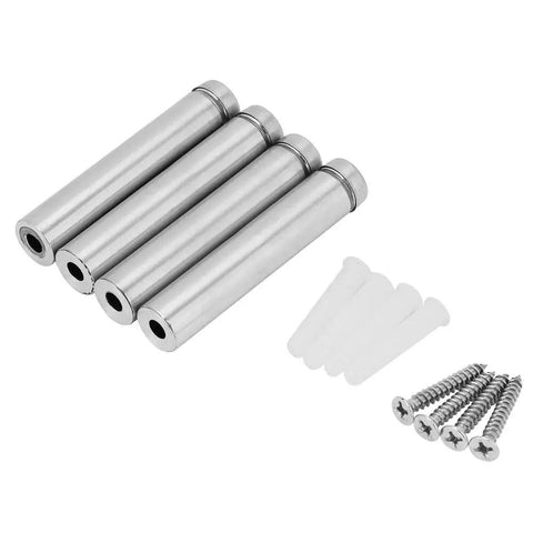 Stainless Steel Glass Standoff Kit 4 Pack Durable Hollow Design 12mm Diameter by 60mm Long for Glass Wall Displays Self Tapping Screws Included Easy Install Slick Pro Grade Display Hardware, stainless steel standoffs with screws