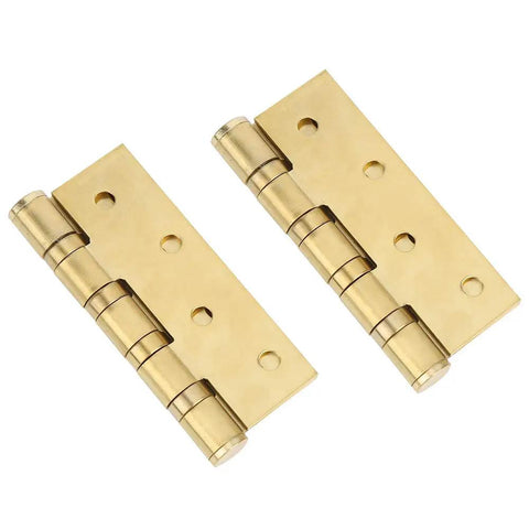 Rock Solid Heavy Gauge Stainless Steel Door Hinges With Hydraulic Buffering And Brushed Metal Hardware Built Tough For Dead Quiet And Butter Smooth Cabinet Swinging, flat brass finish, side view.