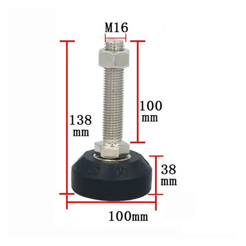 Rock Solid Adjustable Leveling Feet 8 Pack Threaded M12 M16 M18 Rotating Bases, 100mm rubber base, M16 thread height 138mm.