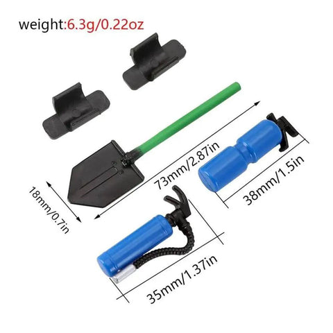 Epic One To Ten Scale Rc Trail Truck Accessory Featuring Tough Simulation Fire Extinguisher And Military Grade Recovery Shovel In Badass Green, showing realistic shovel and fire extinguisher details.