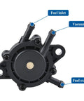 Fuel Pump With Filter Replacement For Lawn Mowers Tractors Trailers Boats And More Vacuum Gas Pump Fits 0.31 Inch Port 8mm And Replaces 491922 691034 692313 808492 808656 For Small Engine Motors front view showing fuel inlet, vacuum, and fuel export ports