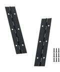 Two black stainless steel 6-inch piano hinges with pre-drilled holes and screws for cabinets or wooden boxes