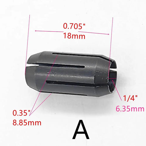 Four Pack Cut Out Tool Collet Chuck Kit For DW660 And DC550 Palm Routers 0.25 inch collet replacement part with measurements