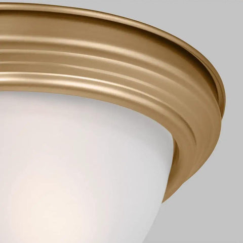 Close-up of Geary 2 Light Satin Brass Ceiling Flush Mount Light With 12.5 Inch Diameter And 5.5 Inch Height, satin etched glass detail