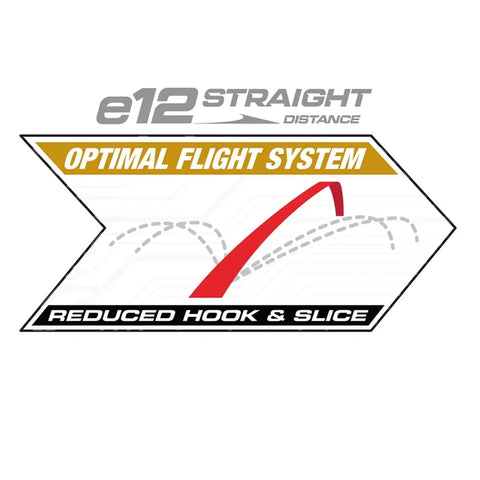 E12 Straight White Golf Ball With Optimal Flight System logo highlighting reduced hook and slice.