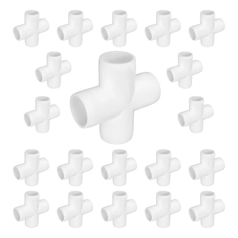 20 Pack Cross PVC Fittings 4 Way Elbow Connectors for DIY Garden Shelving Tent Greenhouse Pipe Builds arranged in a pattern