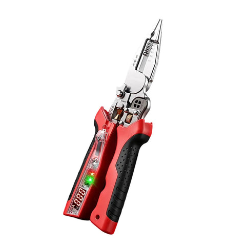 Rechargeable NCV Voltage Detection Pliers With Type C Charging And Digital Readout, red and black ergonomic grip, cutting and stripping tool.
