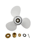 9.875 X 11 Pitch Aluminum Propeller For Yamaha Outboard 20 To 30 HP RH 10 Spline With Hub Nut Kit, top view with components
