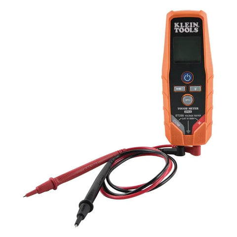 ET250 Voltage Meter And AC/DC Tester Digital Multimeter For Low Voltage Work with orange casing and test leads attached