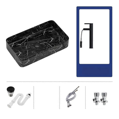 USZWBY Black Marble Pattern Vessel Vanity Sink Above Counter Basin Square Ceramic Wash Bathroom Sink with faucet components.