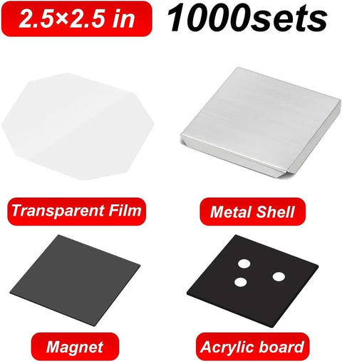 1000 Piece Acrylic Magnet Materials Kit For 2.5x2.5 Inch DIY Photo Fridge Magnets showing components