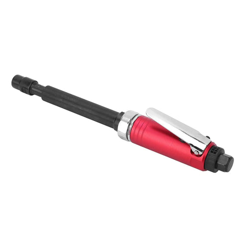 Extended Pneumatic Die Grinder Reaches Deep Into Tight Squeezes Smooth Operating Grinding Tool With Dual Collet Setup, red design.