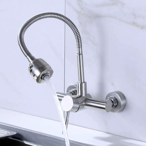 304 Stainless Steel Wall-Mounted Faucet Multifunctional Kitchen Tap Hot & Cold Water with flexible hose, sleek design for kitchen sink.