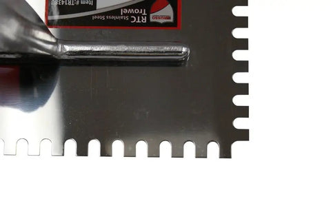 Stainless Steel Tile Trowel With 1/4 Inch By 3/8 Inch U Notch 11 Inch Blade, close-up of notched edge showing rust-proof construction.