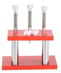 Pro Grade Watch Hand Setting Tool Kit With 3 Stainless Steel Pressing Heads for horology repair, red base, precision plunger.