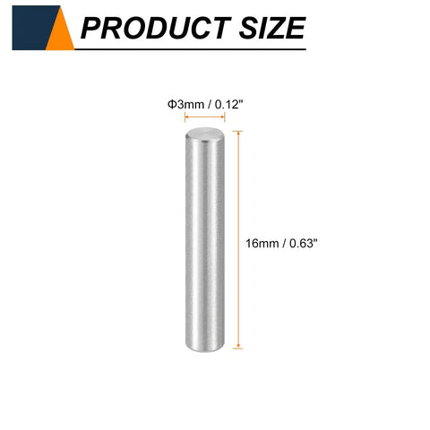 Rock Solid 55 Piece Pack of M3 x 16mm Dowel Pins Made from Gnarly 304 Stainless Steel, showing size dimensions of 3mm x 16mm.