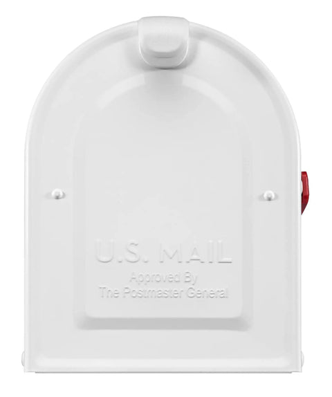 Front view of Big White Post Mount Mailbox With Front Access Door, embossed panels, reinforced for rigidity, and predrilled mounting holes.
