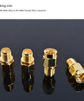 4 Pack SMA Male To RP SMA Female Adapter Connectors Copper for RF Coax Cables Displayed on Black Surface