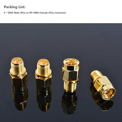 4 Pack SMA Male To RP SMA Female Adapter Connectors Copper for RF Coax Cables Displayed on Black Surface