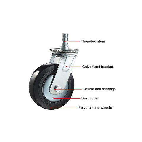 Heavy Duty Eight Inch PU Swivel Wheels With No Fuss Brakes And Built Different Durability M20 Threaded Stem with galvanized bracket.