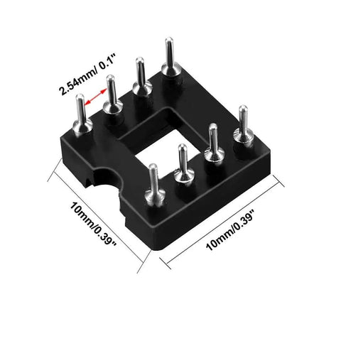 8 Pin DIP IC Socket 2.54mm Pitch 7.62mm Spacing Round Machine Pin Solder Type 30 Pack, black socket with measurements