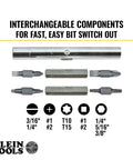 Close-up of interchangeable bits for All-In-One Screwdriver Kit With 11-In-1 Multi-Bit Driver And 6-In-1 Stubby, various sizes shown.