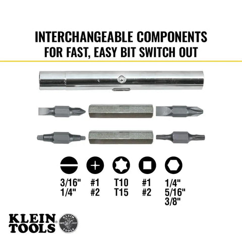 Close-up of interchangeable bits for All-In-One Screwdriver Kit With 11-In-1 Multi-Bit Driver And 6-In-1 Stubby, various sizes shown.