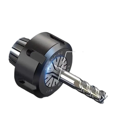 High Precision 65Mn Steel ER32 Spring Collet Chuck Set With Nuts For CNC Machines 1-16mm Range with a drill bit attached.