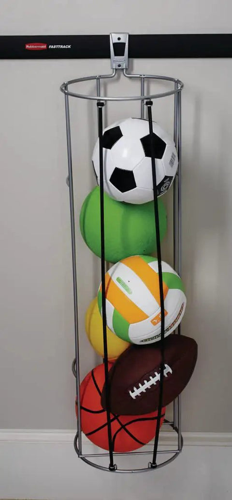 Garage FastTrack Vertical Ball Rack Wall Mount In Satin Nickel for home, holding basketball, football, and soccer ball neatly stored.