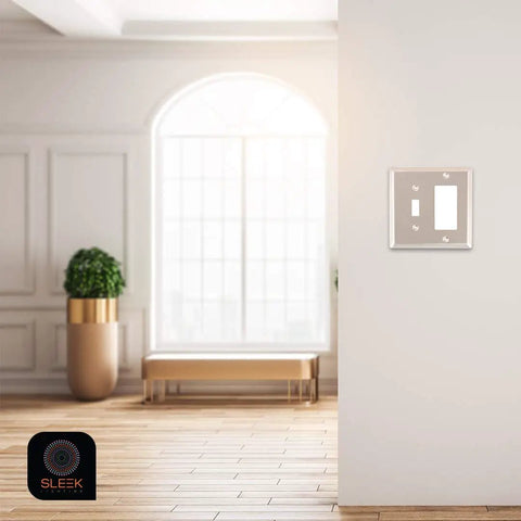 Brushed Nickel Wall Plate Set 4 Pack 1 Gang Duplex Decorator Outlet Covers And Switch Plates in a bright modern room