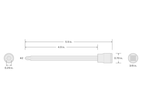 Diagram of Three Eighths Inch Drive Long Phillips Bit Socket Number Two With S2 Steel Bit dimensions and measurements